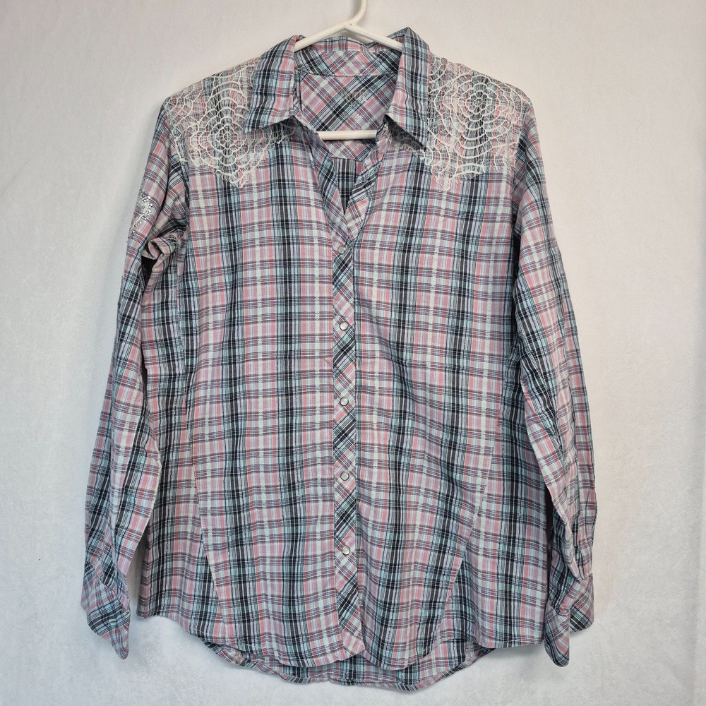 Rock 47 by Wrangler Womens Plaid Western Snap Shirt Lace Rhinestone Pink Blue L
